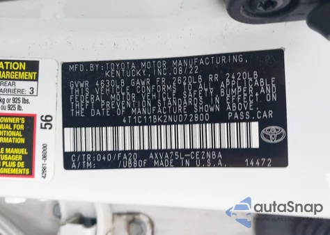 2022 Toyota Camry Le Awd из США, поврежденный, VIN 4T1C11BK2NU072800